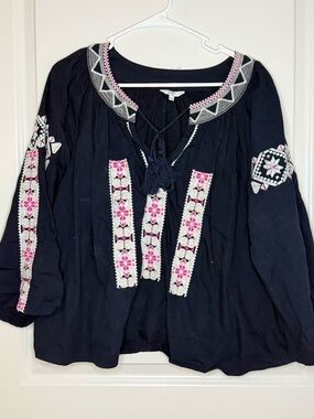 crown & ivy Navy Embroidered Peasant Tunic with Pink Accents